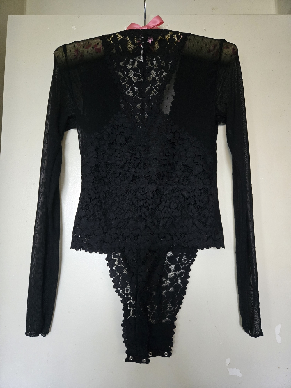 free people long-sleeve mesh and lace bodysuit with a deep V-neckline - Picture 3 of 4